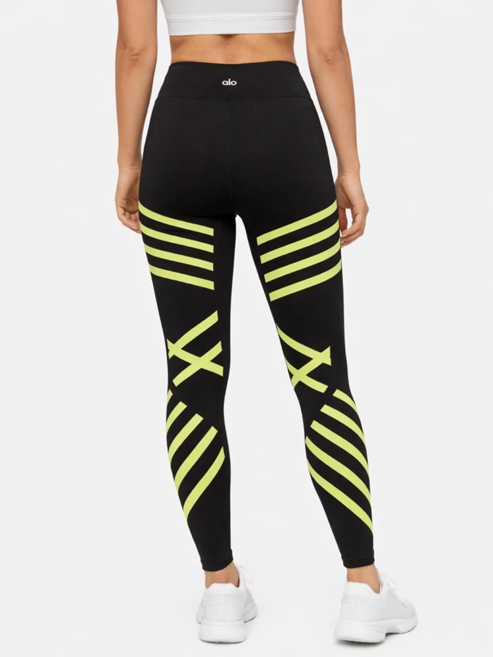 ALO YOGA High Waist Leggings Black Neon Yellow Striped Athletic Pants Size M‎